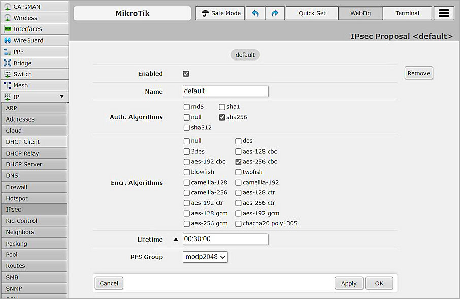 Screen shot of the IPSec settings